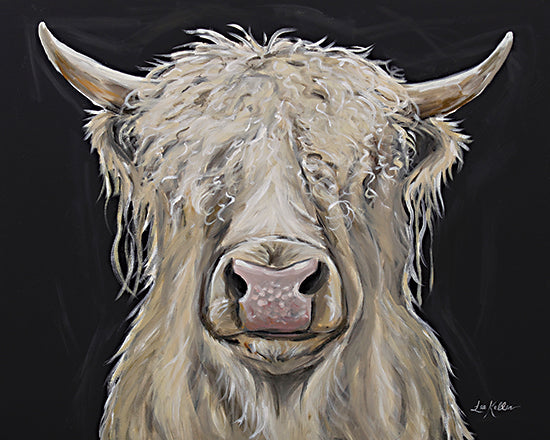 Lee Keller LK293 - LK293 - Calvin the Highland - 16x12 longhorn cow, rustic farm animal, painterly cow portrait, front-facing bull, country livestock art, neutral tones, black background from Penny Lane