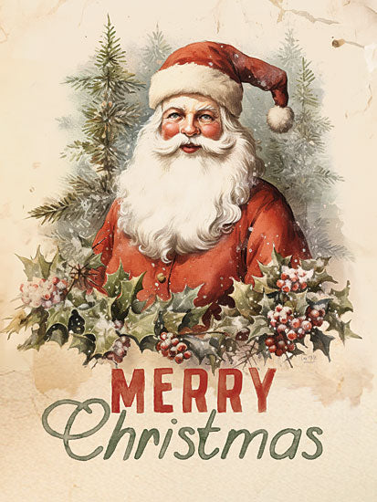 Lux + Me Designs LUX1132 - LUX1132 - Merry Christmas Vintage Santa - 12x16 Santa Claus, Merry Christmas message, evergreen trees, holly, festive greeting card, classic holiday art from Penny Lane