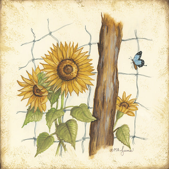 Mary Ann June MARY660 - MARY660 - Fenceline Sunflowers - 12x12 sunflowers, rustic fence, blue butterfly, garden scene, vintage country art, yellow flowers, wire fence, greenery, natural decor from Penny Lane