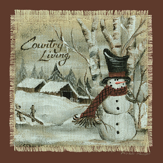 Michele Musser MM390 - MM390 - Country Living - 12x12 rustic snowman with red scarf, winter scene, snow-covered cabins, country text art, Christmas snow decor, forest in snow from Penny Lane