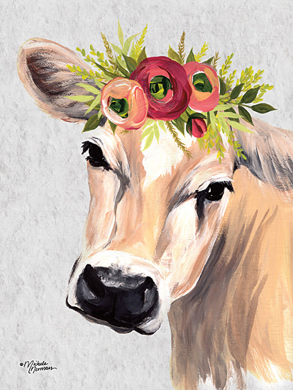 Michele Norman MN175 - MN175 - Jersey Cow with Floral Crown    - 18x24 cow portrait, flower crown, farm animal, rustic art, barnyard, feminine design, animal decor, painted cow from Penny Lane