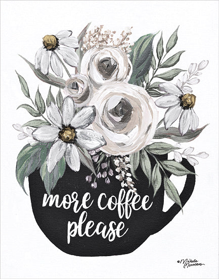 Michele Norman MN409 - MN409 - More Coffee Please    - 12x16 coffee cup bouquet, white flowers, greenery, motivational kitchen art, rustic charm, black mug, handwritten style from Penny Lane