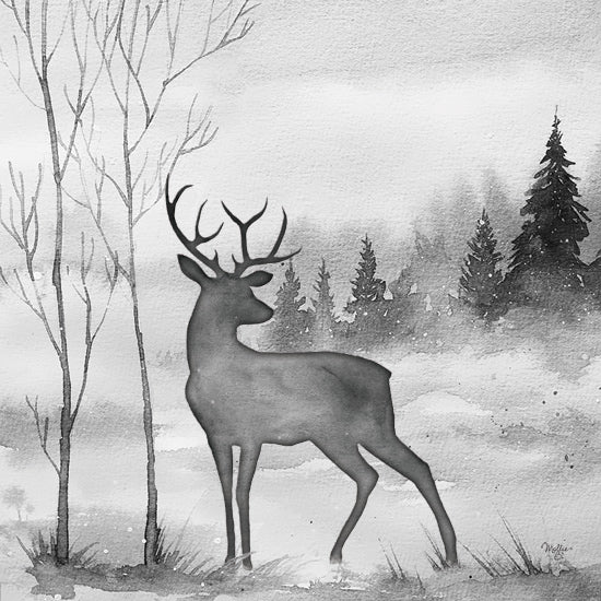 Mollie B. MOL2865 - MOL2865 - A Peaceful Moment I - 12x12 black and white deer, foggy forest, minimalist winter scene, snowy trees, grayscale watercolor, woodland animal from Penny Lane