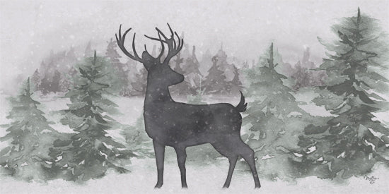 Mollie B. MOL2866 - MOL2866 - A Peaceful Moment II  - 18x9 silhouetted deer, green pines, snow-covered forest, snowy sky, woodland scene, watercolor background from Penny Lane