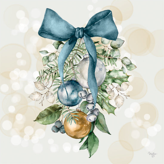 Mollie B. MOL2873 - MOL2873 - A Touch of Christmas - 12x12 Christmas ornament cluster, teal bow, golden and silver baubles, watercolor, foliage, berries, mistletoe inspired decoration from Penny Lane