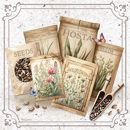 Nicole DeCamp ND406 - ND406 - In the Garden Floral Seed Packets - 12x12 Still Life, Gardening, Seed Packets, Spring, Seeds, Trowel, Flower Seeds, Plant Seeds, Butterfly from Penny Lane
