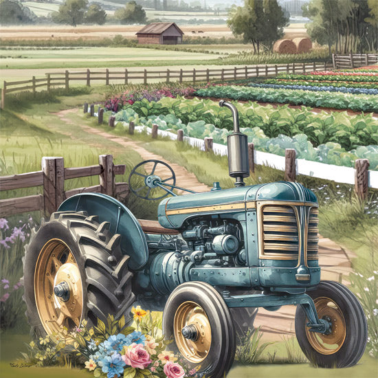 Nicole DeCamp ND610 - ND610 - Blue Floral Tractor - 12x12 Landscape, Farm, Haybales, Tractor, Green Tractor, Garden, Vegetables, Flowers, Garden Path from Penny Lane