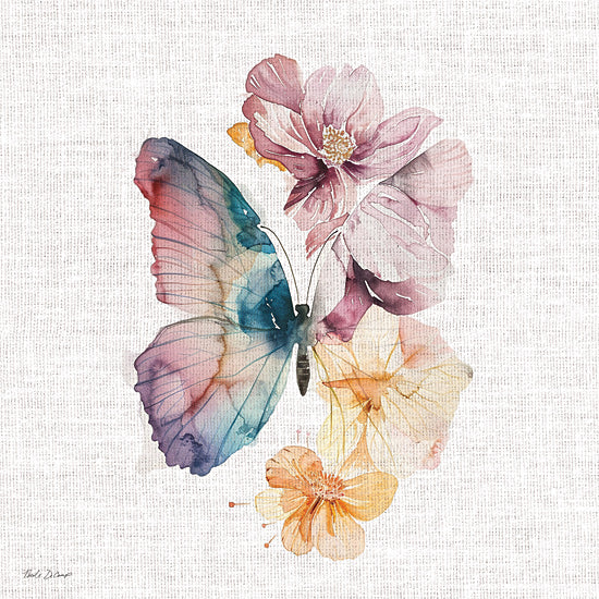 Nicole DeCamp ND646 - ND646 - Emerging Beauty - 12x12 watercolor butterfly, pastel wings, vibrant wings, floral overlay, ethereal, dreamy, soft pink and orange petals, natural harmony, fantasy-style art from Penny Lane