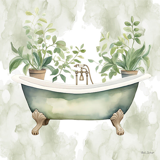 Nicole DeCamp ND651 - ND651 - Bath Oasis II - 12x12 botanical bath, potted plants, vintage tub, lush greenery, spa vibes, watercolor scene, green-themed decor, tranquil illustration from Penny Lane