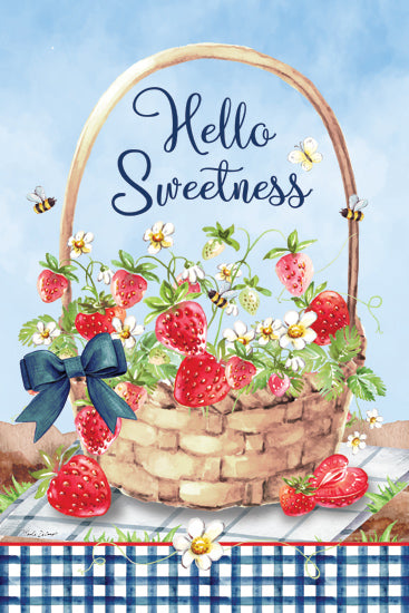Nicole DeCamp ND680 - ND680 - Hello Sweetness Strawberry Basket - 12x18 strawberries, fruit basket, summer, fresh produce, cottagecore, countryside, blue gingham, bees, floral from Penny Lane
