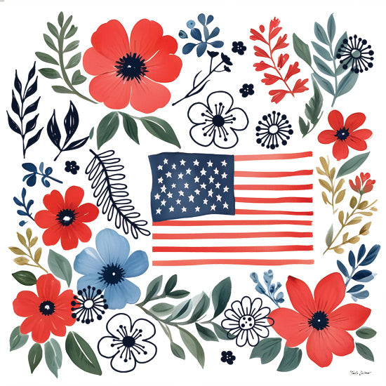 Nicole DeCamp ND742 - ND742 - Floral Americana - 12x12 American flag, floral border, patriotic theme, decorative, watercolor painting, red white blue flowers from Penny Lane
