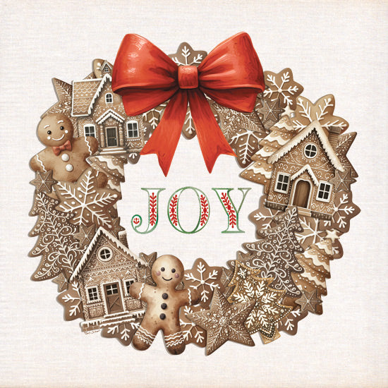 Nicole DeCamp ND813 - ND813 - Joy Gingerbread Wreath   - 12x12 Christmas wreath, gingerbread cookies, festive bow, winter decor, holiday joy, sweets theme, snowflakes, candy houses from Penny Lane