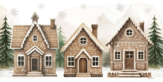 Nicole DeCamp ND814 - ND814 - Gingerbread Lane   - 18x9 gingerbread houses, winter scene, candy architecture, Christmas cookies, snowy background, festive, decorative holiday art from Penny Lane