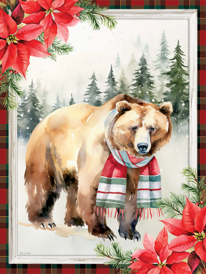 Nicole DeCamp ND855 - ND855 - Beary Cozy - 12x16 brown bear, pine forest, red scarf, snow scene, poinsettias, Christmas decor, winter holiday, watercolor painting from Penny Lane