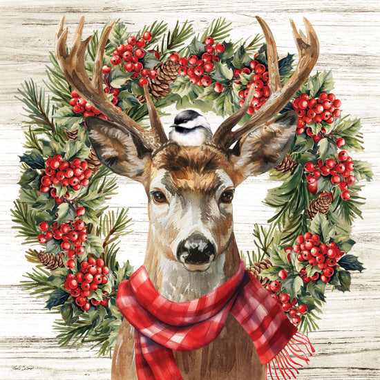 Nicole DeCamp ND857 - ND857 - Chirstmas Deer and Chickadee - 12x12 deer with scarf, bird on antlers, red berry wreath, festive reindeer, rustic backdrop, holiday decoration, watercolor art from Penny Lane