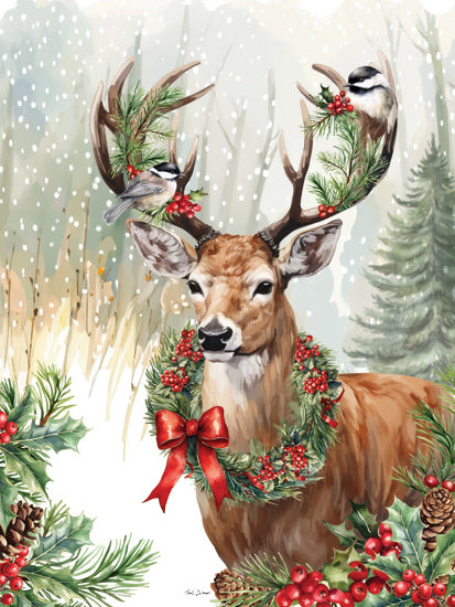 Nicole DeCamp ND859 - ND859 - Christmas Deer in the Forest - 12x16 deer with red bow wreath, birds on antlers, snowy forest, Christmas decor, watercolor festive art from Penny Lane