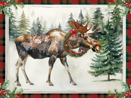 Nicole DeCamp ND860 - ND860 - Christmas Moose - 16x12 moose, Christmas wreath, holiday forest, snow, pine trees, tartan border, watercolor animal, festive moose, red ribbon, seasonal wildlife from Penny Lane