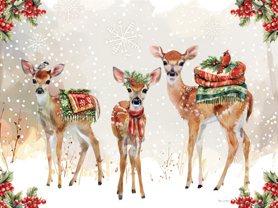 Nicole DeCamp ND861 - ND861 - Deer Christmas Trio - 16x12 fawns, Christmas scarves, snowflakes, birds, winter forest, holiday decor, red cardinal, deer with gifts, festive animals, watercolor deer from Penny Lane