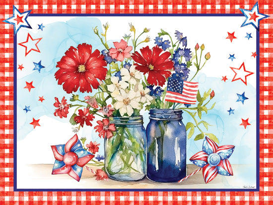 Nicole DeCamp ND874 - ND874 - Americana Floral Still Life - 16x12 patriotic bouquet, red white blue flowers, mason jars, American flag, pinwheels, Independence Day, 4th of July decor, gingham border, watercolor art from Penny Lane