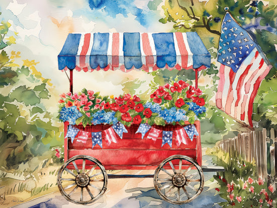 Nicole DeCamp ND885 - ND885 - Patriotic Flower Cart - 16x12 Red cart, patriotic canopy, American flag, red blue flowers, festive garden scene, summer celebration, watercolor illustration from Penny Lane