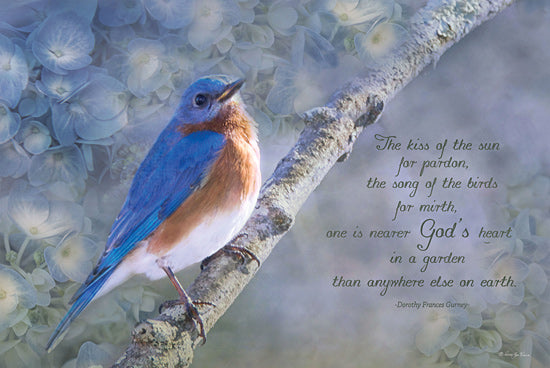Robin-Lee Viera RLV722 - RLV722 - God's Garden I - 18x12 Bluebird on branch, floral background, soft blue tones, inspirational quote, nature, typography from Penny Lane