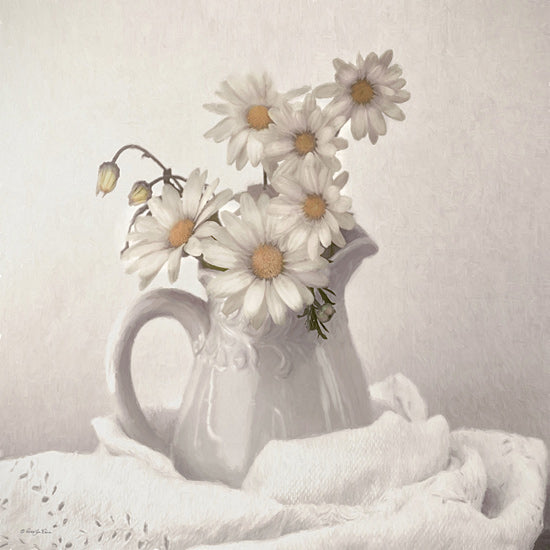 Robin-Lee Vieira RLV767 - RLV767 - Simple Pleasures - 12x12 white daisies, ceramic pitcher, embroidered cloth, rustic floral composition, gentle natural lighting, farmhouse charm from Penny Lane