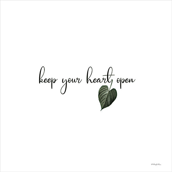 Robin-Lee Viera RLV793 - RLV793 - Keep Your Heart Open - 12x12 motivational quote, keep your heart open, green leaf heart shape, botanical illustration, cursive typography, positive affirmation, nature inspired design, minimalist artwork from Penny Lane