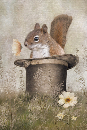 Robin-Lee Viera RLV797 - RLV797 - Top Hat and Tail - 12x18 squirrel in top hat, flower in mouth, woodland creature, vintage hat, field of flowers, fantasy art, animal illustration, dreamy setting from Penny Lane