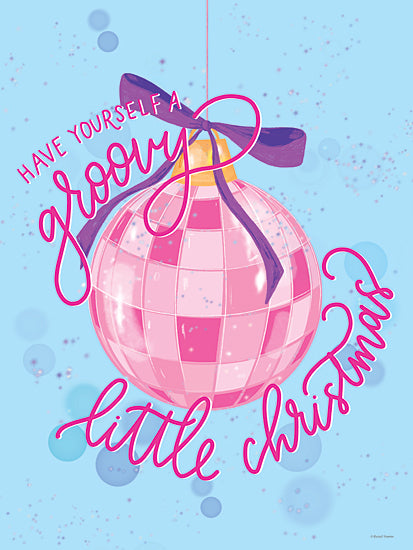 Rachel Nieman RN711 - RN711 - Groovy Little Christmas - 12x16 groovy little Christmas, pink disco ball, blue background, ribbon, sparkle, retro typography, festive message, Christmas card, vibrant colors from Penny Lane