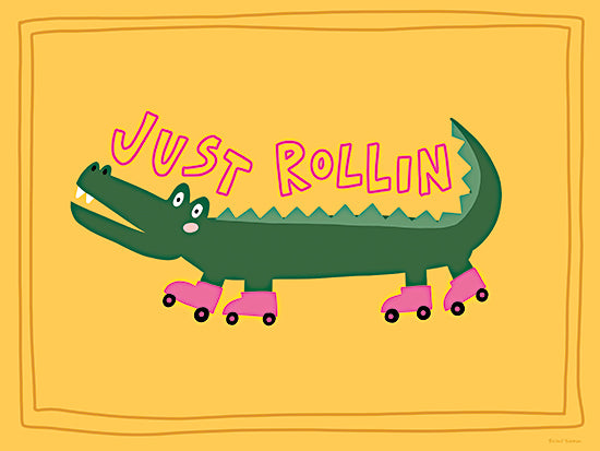 Rachel Nieman RN750 - RN750 - Roller Skating Alligator - 16x12 crocodile, roller skates, pink skates, green crocodile, cartoon animal, whimsical art, playful, fun typography, quirky, cheerful, reptile on skates, yellow background, humor from Penny Lane