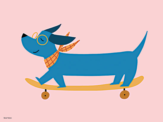 Rachel Nieman RN751 - RN751 - Skateboarding Weiner Dog - 16x12 blue dog, scarf, skateboard, glasses, pink background, playful dog, animal on skateboard, whimsical, trendy, cartoon style, cute puppy from Penny Lane