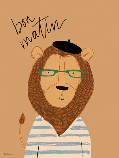 Rachel Nieman RN759 - RN759 - Good Morning Lion - 12x16 lion, green glasses, striped shirt, french beret, bon matin, typography, lion portrait, french theme, stylish lion from Penny Lane