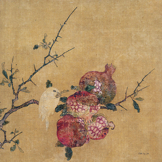 Stellar Design Studio SDS1375 - SDS1375 - Pomegranate Branch - 12x12 Asian painting, bird and pomegranate, traditional art, branch and thorns, fruit, golden background, oriental style, antique textile painting from Penny Lane