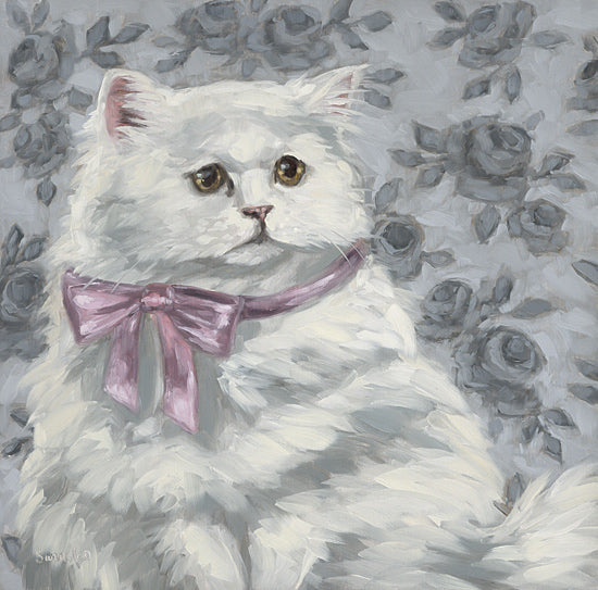 Sara G. Designs SGD356 - SGD356 - Coquette Kitty - 12x12 white fluffy cat, purple bow, floral wallpaper, fancy feline, elegant pet portrait, whimsical cat art from Penny Lane