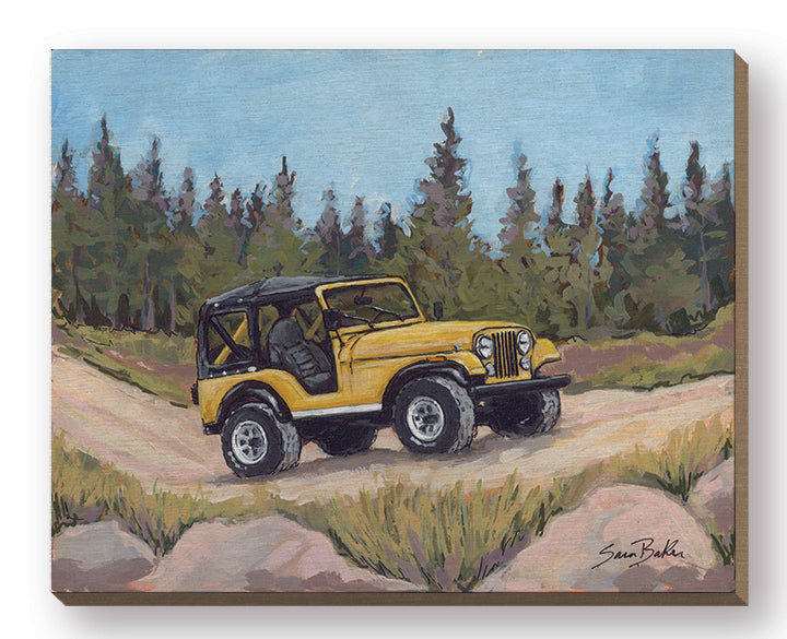 Sara Baker BAKE318FW - BAKE318FW - Sunshine on a Backroad - 20x16 Jeep, Yellow Jeep, Landscape, Trees, Rocks, Road, Masculine, Leisure from Penny Lane