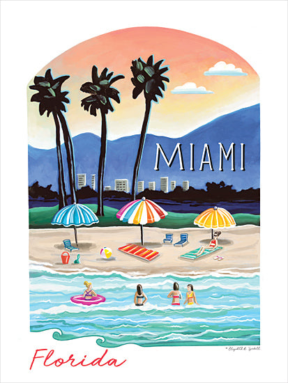 Elizabeth Tyndall ET126 - ET126 - Miami - 12x16 Travel, Miami, Florida, Typography, Signs, Textual Art, Landscape, Beach, Palm Trees, Umbrellas, Woman, Sunbathers, Ocean, Waves from Penny Lane