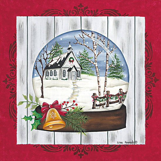 Lisa Kennedy KEN1281 - KEN1281 - Church Snow Globe - 12x12 Christmas, Holidays, Snow Globe, Bell, Church, Country Church, Winter, Trees, Snow, Landscape, Fence from Penny Lane