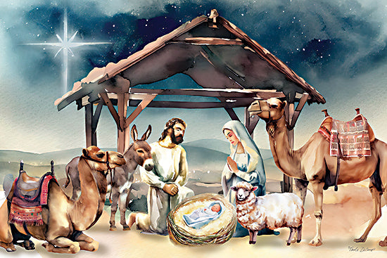 Nicole DeCamp ND114 - ND114 - O Holy Night Nativity Scene - 18x12 Christmas, Holidays, Religious, Nativity, Stable, Manger, Jesus, Mary, Joseph, Animals, Camels, Donkey, Sheep, Star, Watercolor from Penny Lane