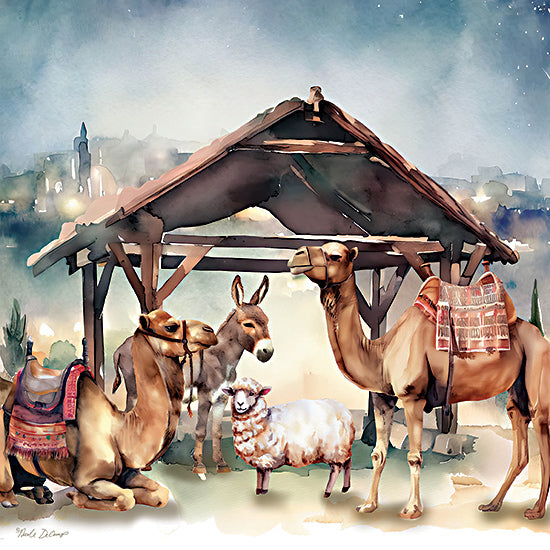 Nicole DeCamp ND116 - ND116 - Manger Gathering - 12x12 Christmas, Holidays, Religious, Stable, Animals, Camels, Donkey, Sheep, Buildings, Bethlehem, Watercolor from Penny Lane