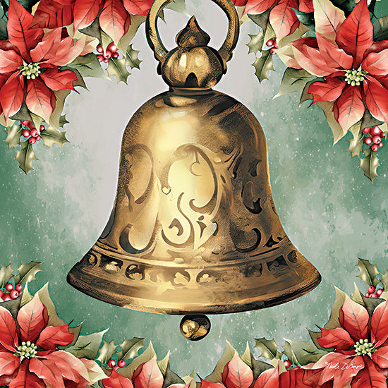 Nicole DeCamp ND124 - ND124 - Old World Christmas Bell - 12x12 Christmas, Holidays, Bell, Gold Bell, Vintage, Flowers, Poinsettias, Red Poinsettias, Christmas Flowers from Penny Lane