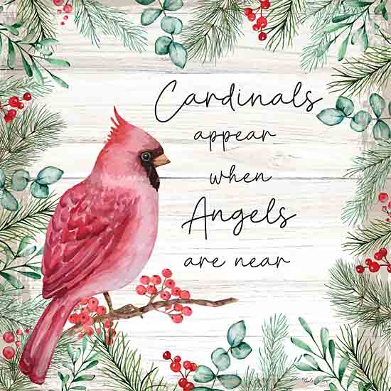 Nicole DeCamp ND324 - ND324 - Cardinals Appear When Angels Are Near - 12x12 Bereavement, Cardinal, Greenery, Berries, Cardinals Appear When Angels are Near, Typography, Signs, Textual Art, Pine Sprigs, Eucalyptus, Wood Background from Penny Lane