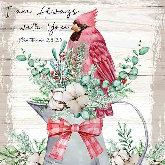 Nicole DeCamp ND327 - ND327 - I am Always with You - 12x12 Bereavement, Cardinal, Religious, I Am Always With You, Matthew, Bible Verse, Typography, Signs, Textual Art, Watering Can, Cotton, Greenery, Eucalyptus, Berries Pine Sprigs, Red Bow from Penny Lane