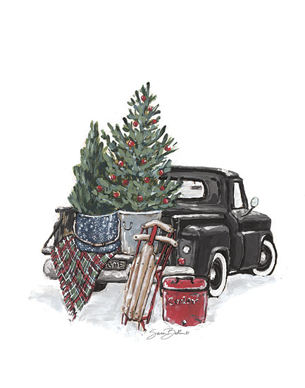 Sara Baker BAKE344 - BAKE344 - Old Time Christmas Tradition II   - 12x16 Christmas, Holidays, Winter, Pickup Truck, Black Truck, Christmas Trees, Potted Christmas Trees, Sled, Snow, Blanket from Penny Lane