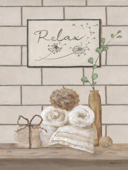 Pam Britton BR646 - BR646 - Relax - 12x16 Still Life, Bath Bathroom, Towels, Soap, Greenery, Flowers, Inspirational, Relax, Typography, Signs, Textual Art, Cottage/Country from Penny Lane