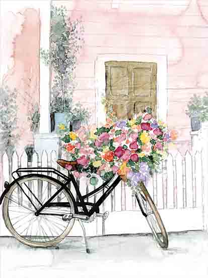 Dogwood Portfolio DOG283 - DOG283 - Flower Bicycle I - 12x16 Flowers, Basket, Bicycle, Bike, Fence, Door, House, Watercolor from Penny Lane