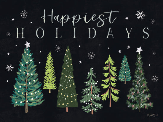 Elizabeth Tyndall ET301 - ET301 - Happiest Holidays  - 16x12 Christmas, Holidays, Trees, Christmas Trees, Happiest Holidays, Typography, Signs, Textual Art, Winter, Snowflakes, Black Background from Penny Lane