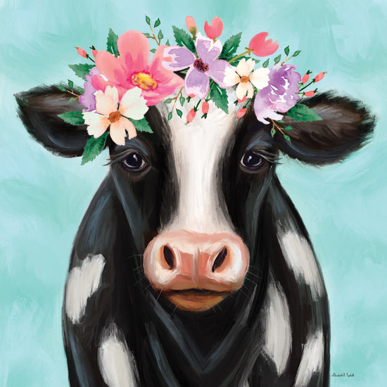 Elizabeth Tyndall ET332 - ET332 - Floral Cow - 12x12 Whimsical, Cow, Black & White Cow, Flowers, Floral Crown, Pink Flowers, Purple Flowers, Portrait from Penny Lane