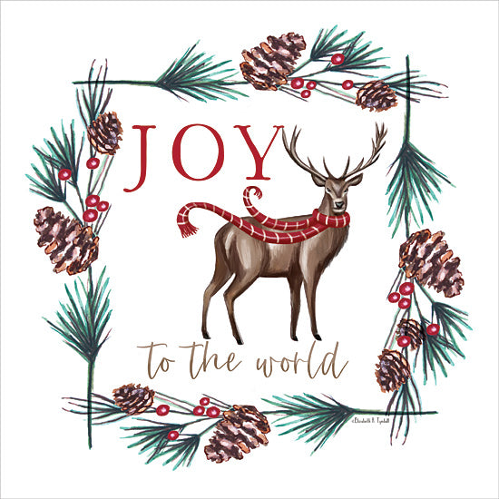 Elizabeth Tyndall ET375 - ET375 - Joy to the World Reindeer - 12x12 Christmas, Holidays, Lodge, Reindeer, Evergreen Sprigs, Pinecones, Berries, Joy to the World, Typography, Signs, Textual Art, Whimsical from Penny Lane