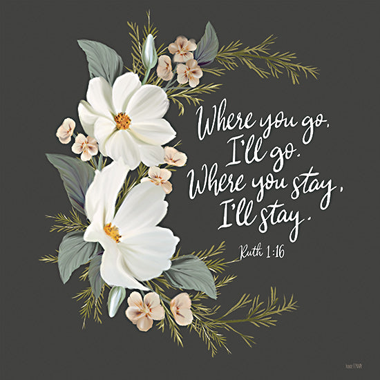 House Fenway FEN1207 - FEN1207 - Where You Go - 12x12 Religious, Where You Go, I'll Go, Where You Stay, I'll Stay, Ruth, Bible Verse, Typography, Signs, Textual Art, Wreath, Flowers, White Flowers, Pink Flowers, Greenery, Black Background from Penny Lane