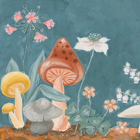 Hollihocks Art HH227 - HH227 - Honey Bloom Mushrooms     - 12x12 Mushrooms, Flowers, Green Plants, Nature, Blue Background from Penny Lane